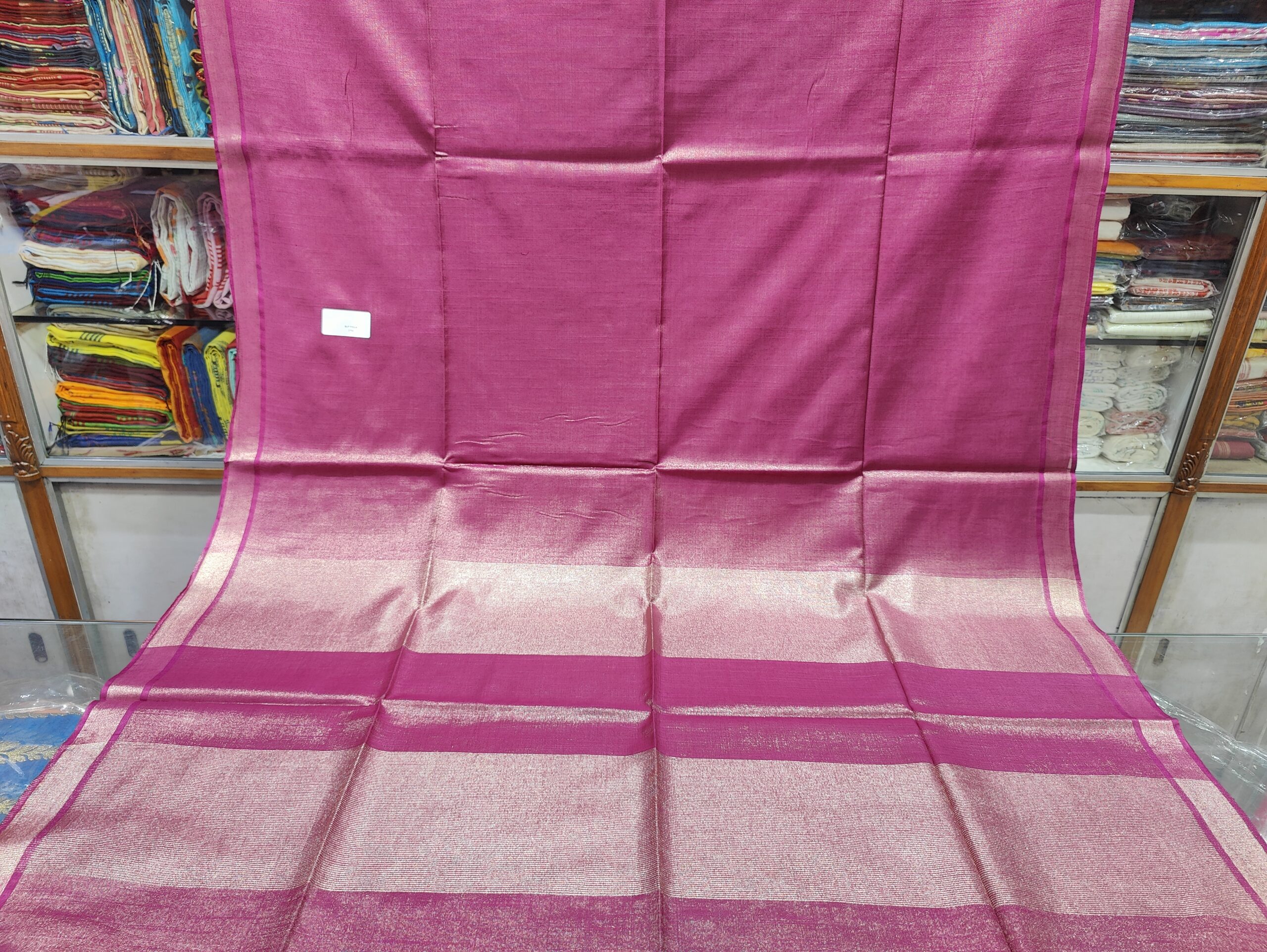 Glamorous Magenta BLP Tissue Saree with Metallic Zari Border & Pallu