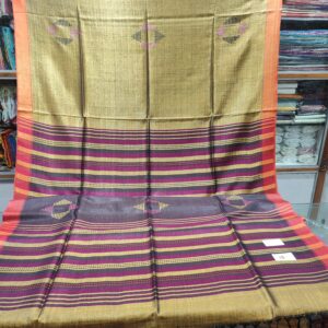 Handwoven Banana Silk Saree with Geometric Borders & Striped Pallu
