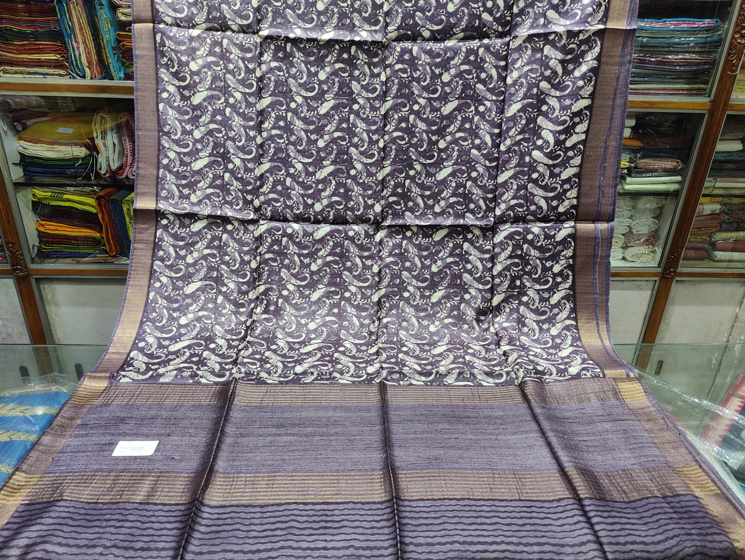 Premium Pure Munga Silk Saree with All-over Paisley Print & Textured Dobby Border