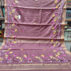 Hand-Embroidered Mauve Wine Saree with Intricate Bullion Stitch Floral Art