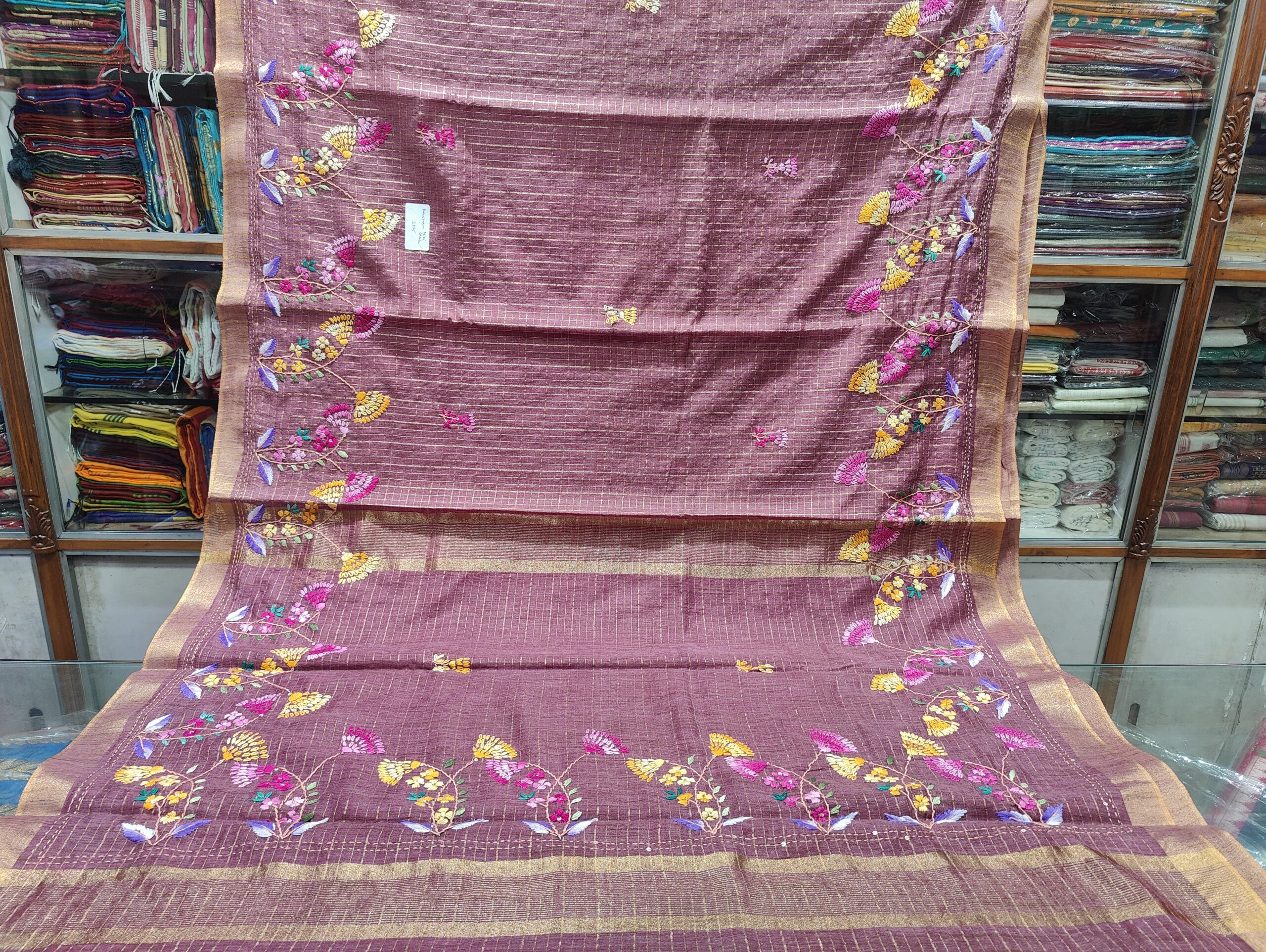 Hand-Embroidered Mauve Wine Saree with Intricate Bullion Stitch Floral Art