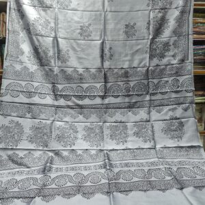 Authentic Slate Black Bishnupuri Pure Silk Saree with Elegant Block Print Motifs