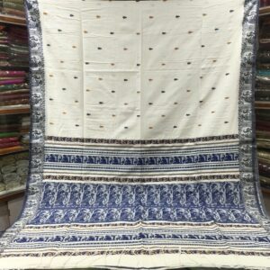 Off-White Soft Khadi Cotton Saree with Navy Blue Folklore Motifs