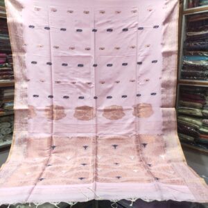 Pastel Baby Pink Soft Khadi Cotton Saree with Rose-Gold Floral Motifs