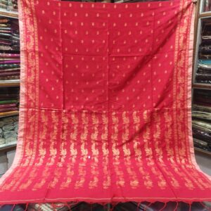 Vibrant Crimson Red Soft Khadi Pure Cotton Saree with Golden-Beige Floral Motifs