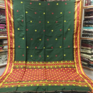 Forest Green Soft Khadi Cotton Saree with Festive Red & Yellow Woven Buttas