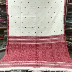 Timeless White & Red Soft Khadi Pure Cotton Saree – Traditional Bengal Handloom