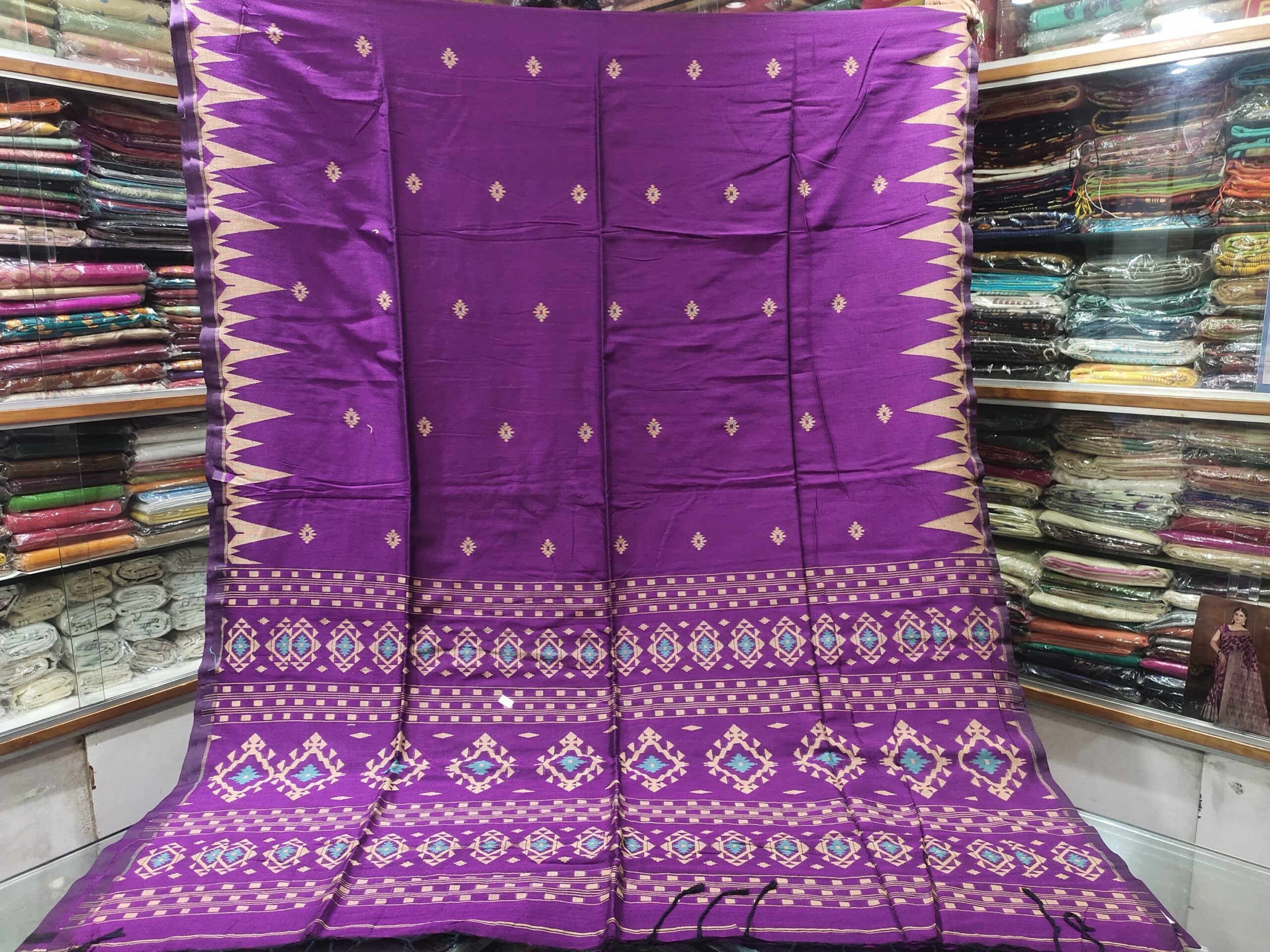 Royal Violet Soft Khadi Cotton Saree with Traditional Temple Border