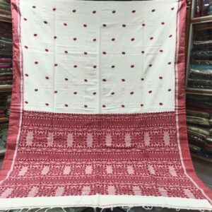 Elegant White & Crimson Red Soft Khadi Pure Cotton Saree