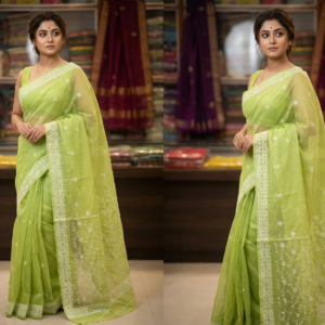 Exquisite Kota Doria Cotton Saree with Intricate Floral Embroidery