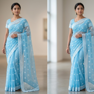 Kota Doria Cotton Saree with Intricate Floral Embroidery