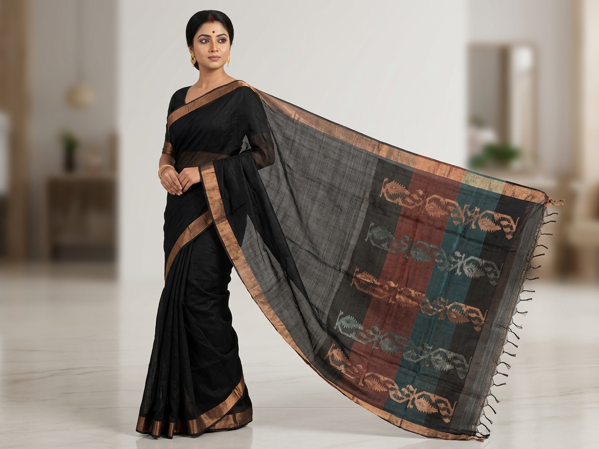 Pure Linen Matka Saree with Zari Border