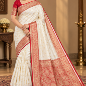 Off-White & Red Katan Silk Saree